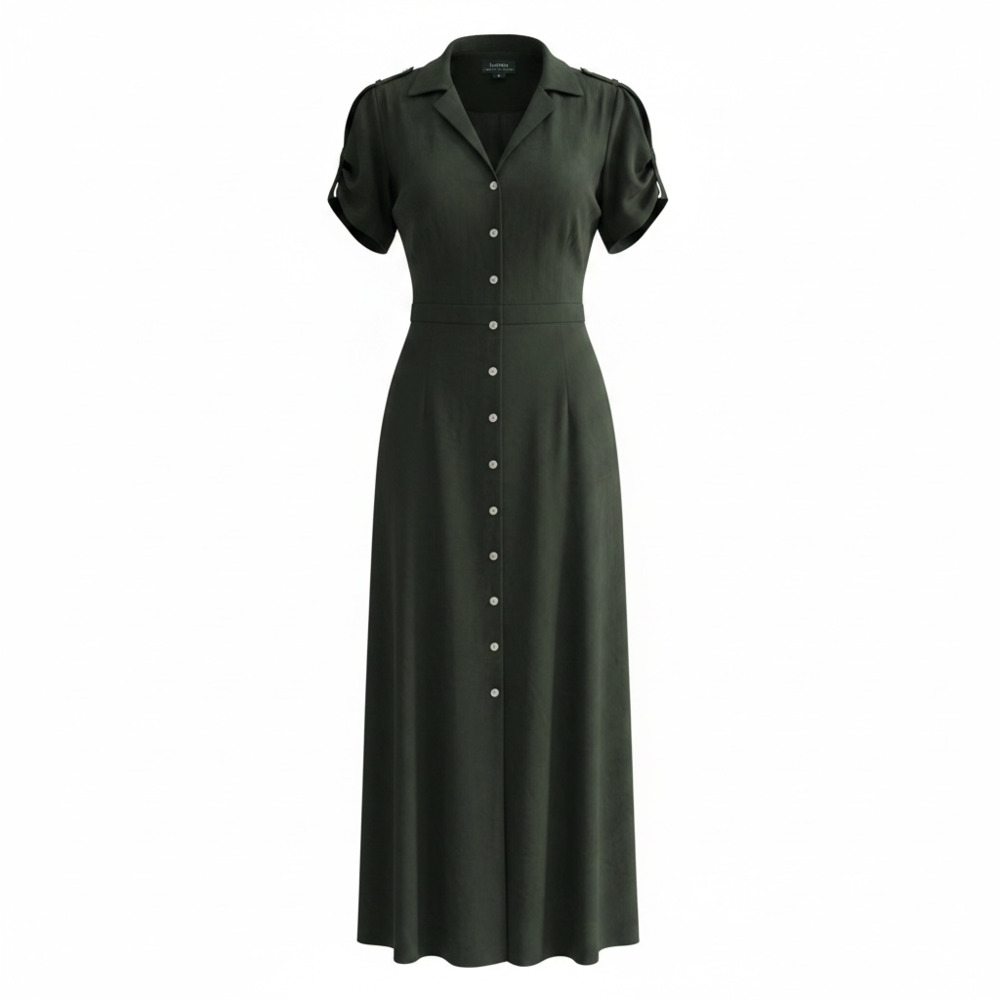 Lauren Ralph Lauren 100% Silk Green Button-Down Military Safari Maxi Dress